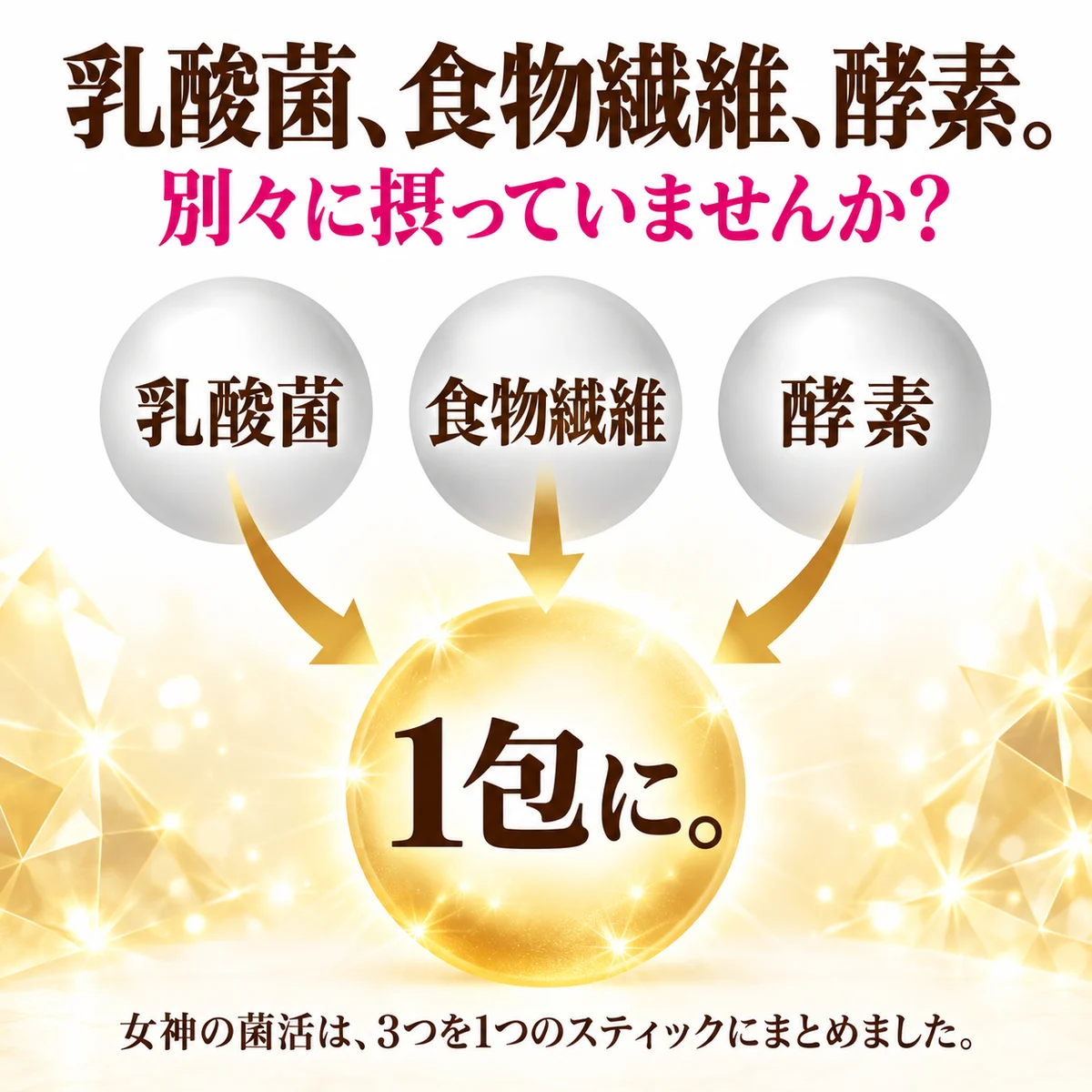 乳酸菌、食物繊維、酵素。別々に摂っていませんか？ 1包に。女神の菌活は、3つを1つのスティックにまとめました。